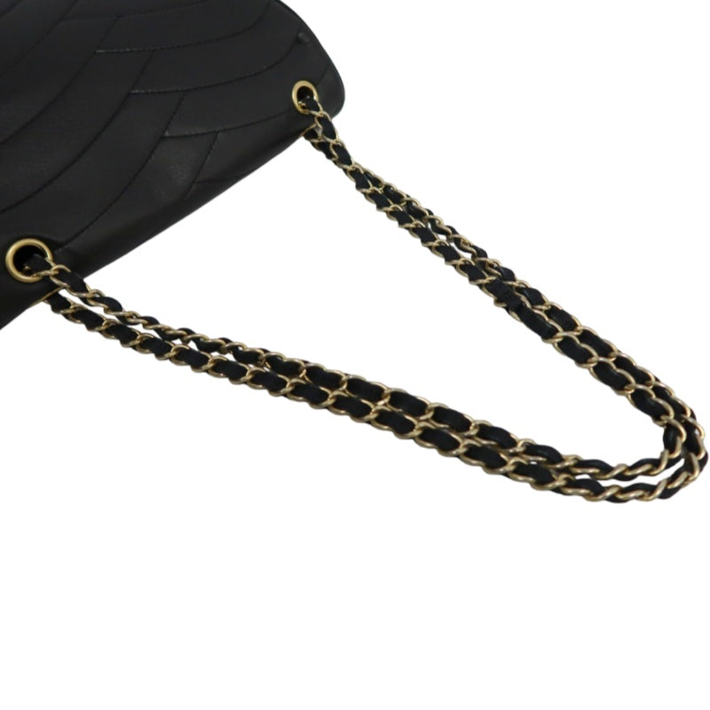 CHANEL Wave Stitch Lambskin Shoulder Bag Black Gold-Tone Hardware