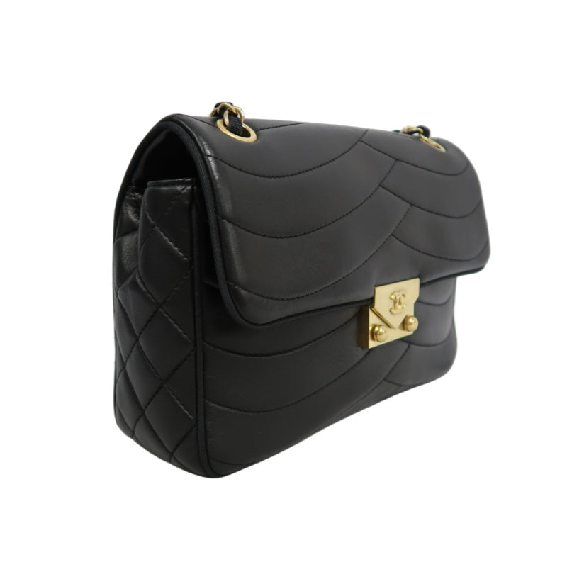 CHANEL Wave Stitch Lambskin Shoulder Bag Black Gold-Tone Hardware