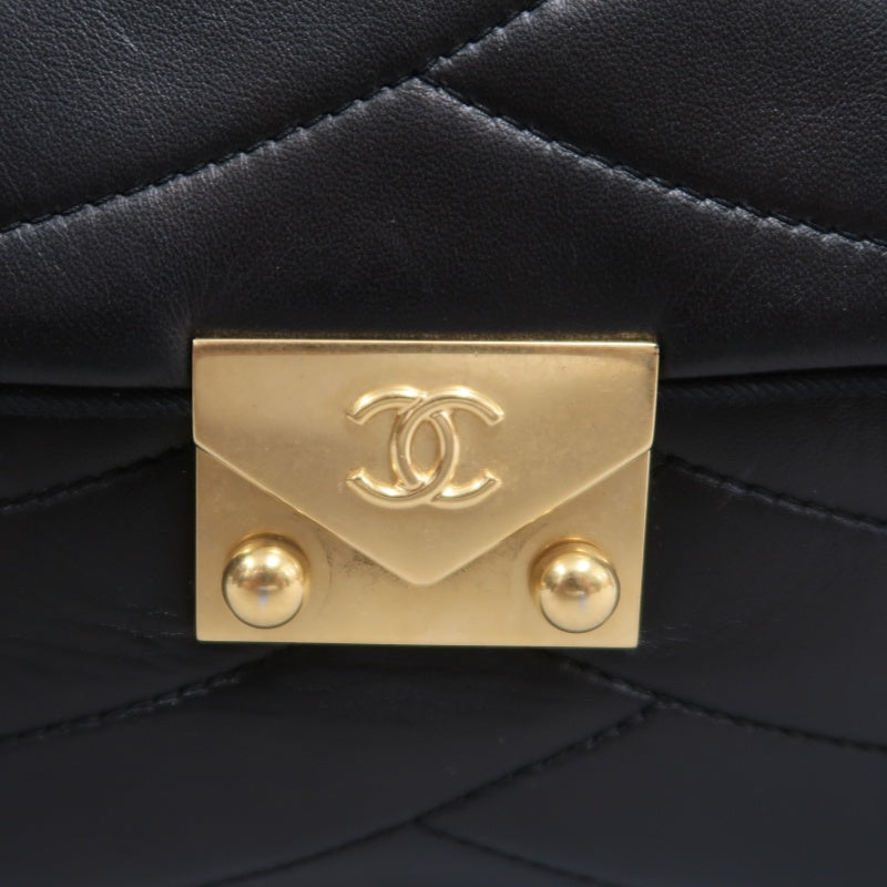 CHANEL Wave Stitch Lambskin Shoulder Bag Black Gold-Tone Hardware