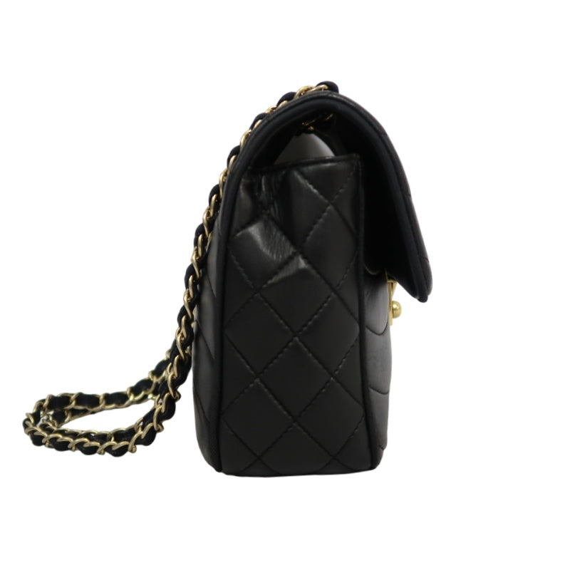 CHANEL Wave Stitch Lambskin Shoulder Bag Black Gold-Tone Hardware