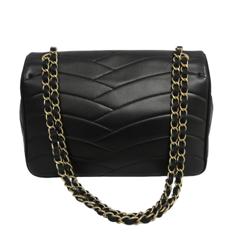 CHANEL Wave Stitch Lambskin Shoulder Bag Black Gold-Tone Hardware