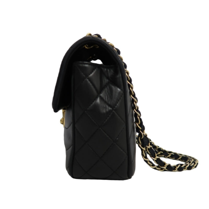 CHANEL Wave Stitch Lambskin Shoulder Bag Black Gold-Tone Hardware