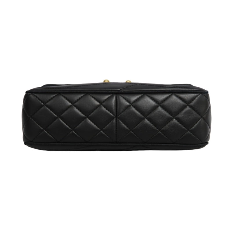 CHANEL Wave Stitch Lambskin Shoulder Bag Black Gold-Tone Hardware