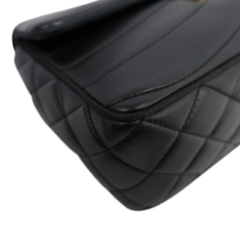 CHANEL Wave Stitch Lambskin Shoulder Bag Black Gold-Tone Hardware