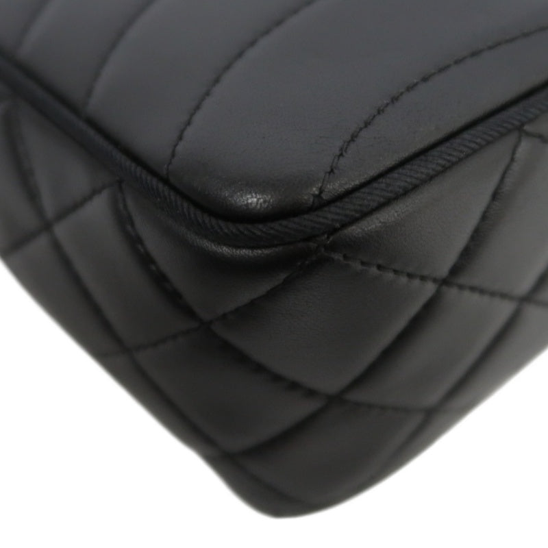 CHANEL Wave Stitch Lambskin Shoulder Bag Black Gold-Tone Hardware