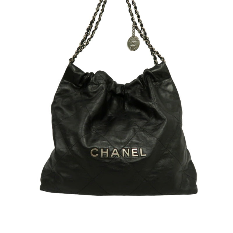 CHANEL 22 Lambskin Shoulder Bag Black Silver-Tone Hardware