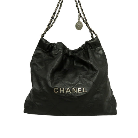 CHANEL 22 Lambskin Shoulder Bag Black Silver-Tone Hardware