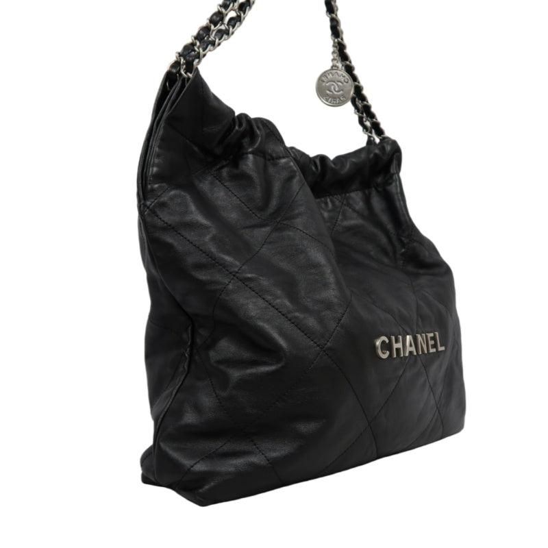 CHANEL 22 Lambskin Shoulder Bag Black Silver-Tone Hardware