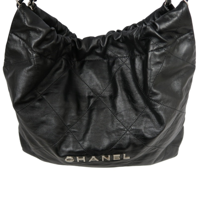 CHANEL 22 Lambskin Shoulder Bag Black Silver-Tone Hardware