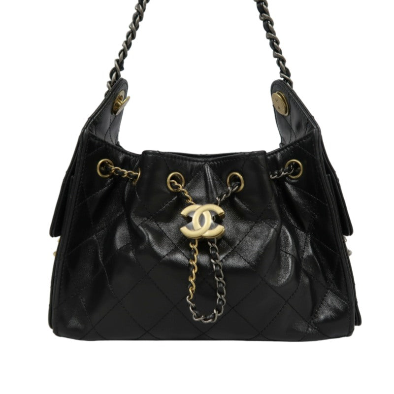 CHANEL 25 Lambskin Hobo Bag Black Gold-Tone Hardware