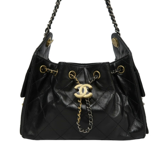 CHANEL 25 Lambskin Hobo Bag Black Gold-Tone Hardware