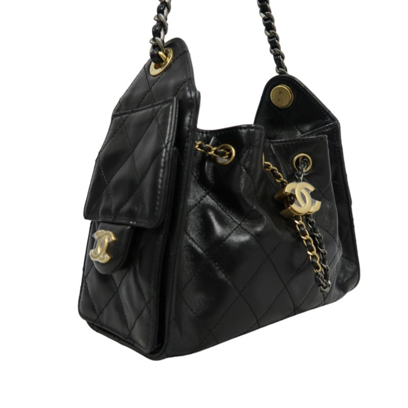 CHANEL 25 Lambskin Hobo Bag Black Gold-Tone Hardware