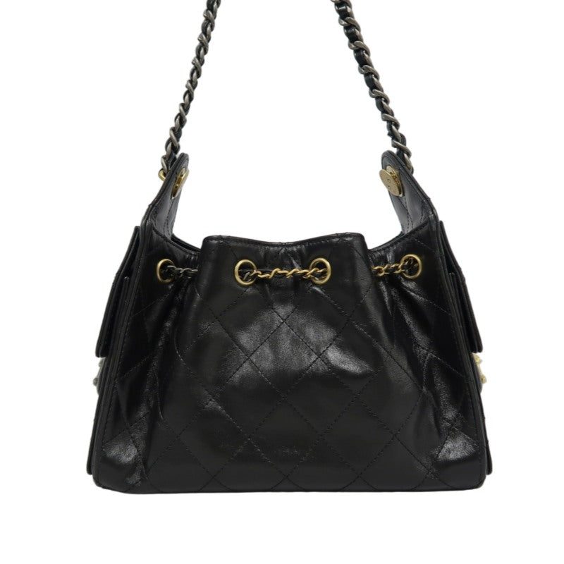 CHANEL 25 Lambskin Hobo Bag Black Gold-Tone Hardware