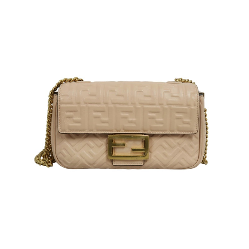 FENDI Baguette Calf Leather Shoulder Bag Pink Gold-Tone Hardware