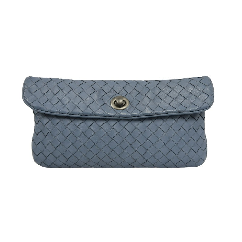 BOTTEGA VENETA Intrecciato Leather Shoulder Bag Blue Silver-Tone Hardware