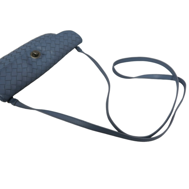 BOTTEGA VENETA Intrecciato Leather Shoulder Bag Blue Silver-Tone Hardware