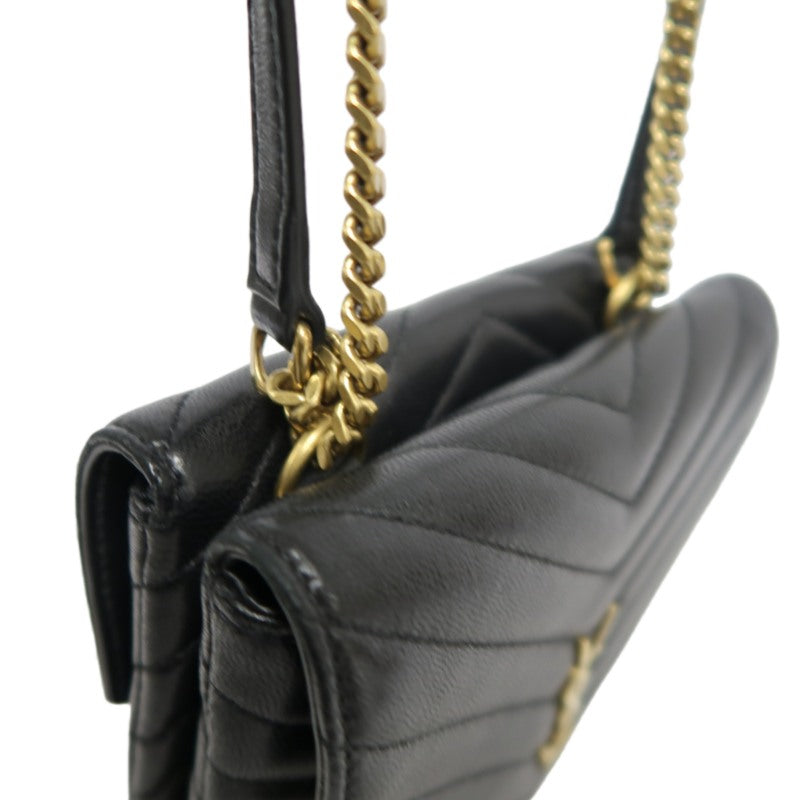 YVES SAINT LAURENT Cassandra V-Stitch Calf Leather Shoulder Bag Black Gold-Tone Hardware