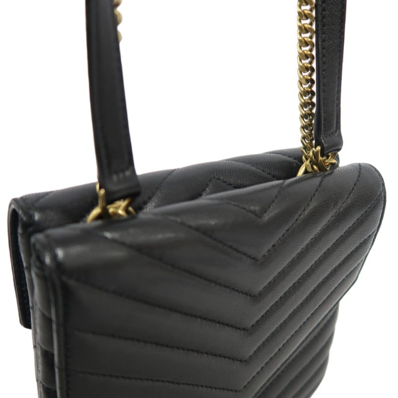 YVES SAINT LAURENT Cassandra V-Stitch Calf Leather Shoulder Bag Black Gold-Tone Hardware