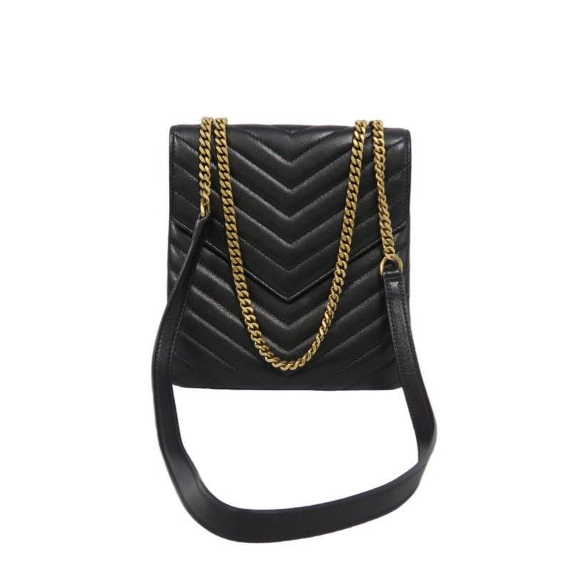 YVES SAINT LAURENT Cassandra V-Stitch Calf Leather Shoulder Bag Black Gold-Tone Hardware