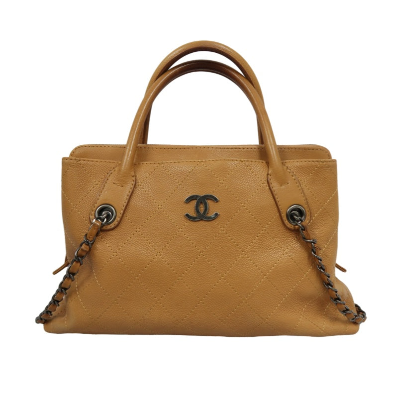 CHANEL Matelassé Caviar Leather Tote Bag Brown Orange Dark Silver-Tone Hardware