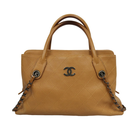 CHANEL Matelassé Caviar Leather Tote Bag Brown Orange Dark Silver-Tone Hardware