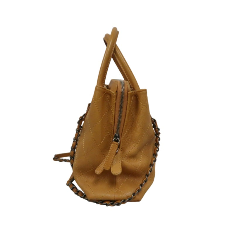 CHANEL Matelassé Caviar Leather Tote Bag Brown Orange Dark Silver-Tone Hardware