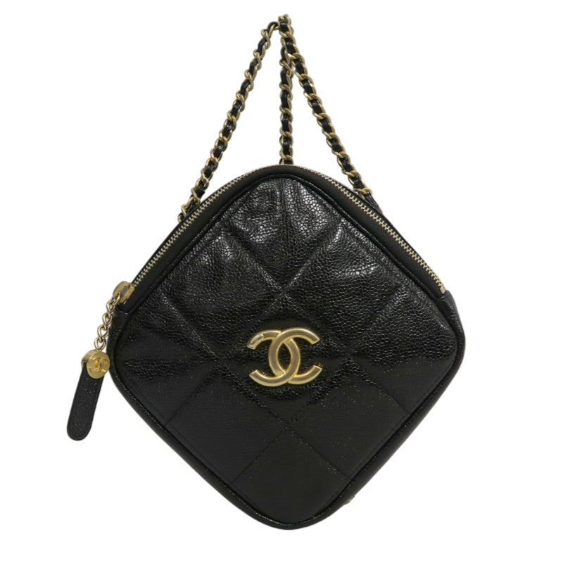 CHANEL Black Caviar Leather Checkerboard Quilted Chain Camera Shoulder Bag With Gold Hardware