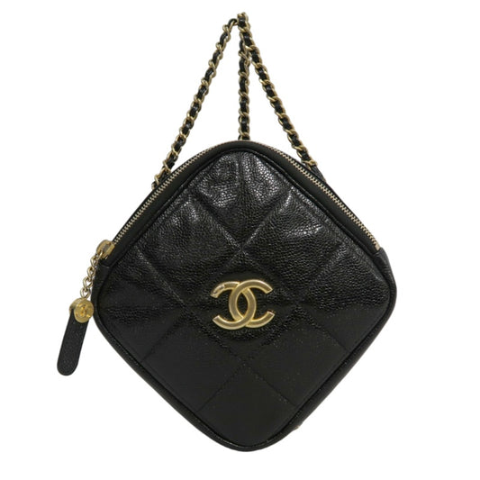 CHANEL Black Caviar Leather Checkerboard Quilted Chain Camera Shoulder Bag With Gold Hardware