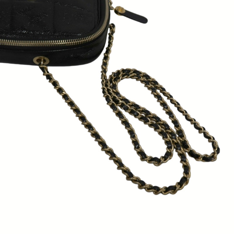 CHANEL Black Caviar Leather Checkerboard Quilted Chain Camera Shoulder Bag With Gold Hardware