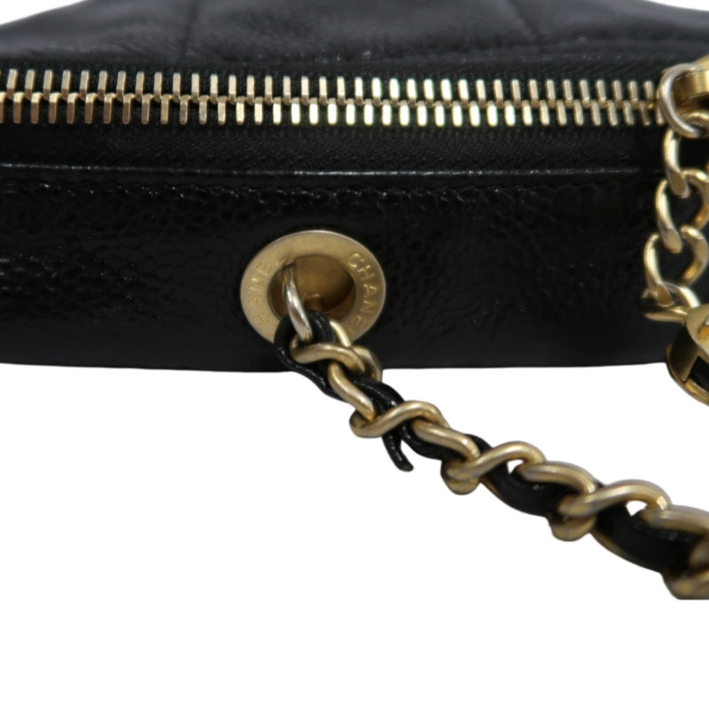 CHANEL Black Caviar Leather Checkerboard Quilted Chain Camera Shoulder Bag With Gold Hardware