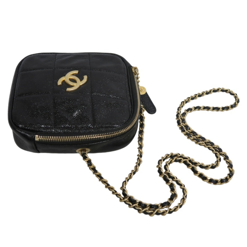 CHANEL Black Caviar Leather Checkerboard Quilted Chain Camera Shoulder Bag With Gold Hardware