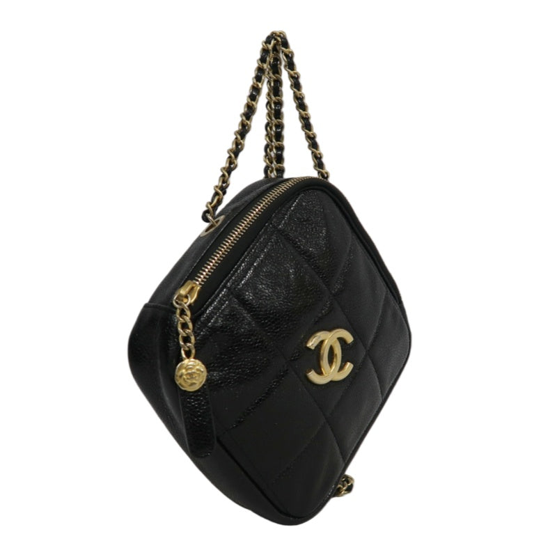 CHANEL Black Caviar Leather Checkerboard Quilted Chain Camera Shoulder Bag With Gold Hardware