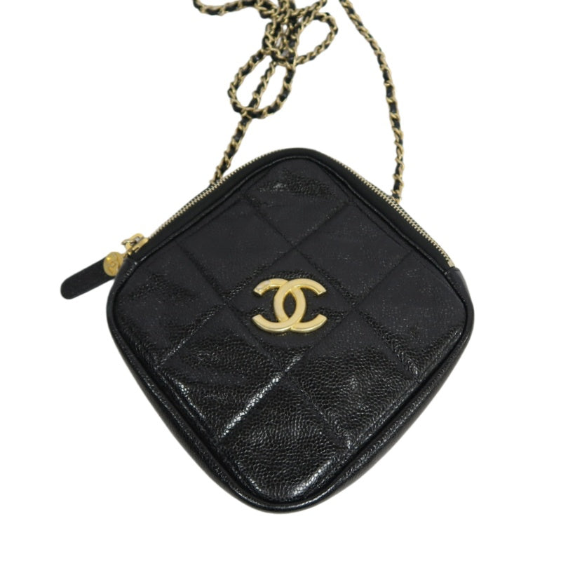CHANEL Black Caviar Leather Checkerboard Quilted Chain Camera Shoulder Bag With Gold Hardware
