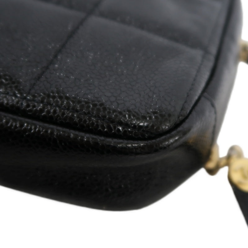 CHANEL Black Caviar Leather Checkerboard Quilted Chain Camera Shoulder Bag With Gold Hardware