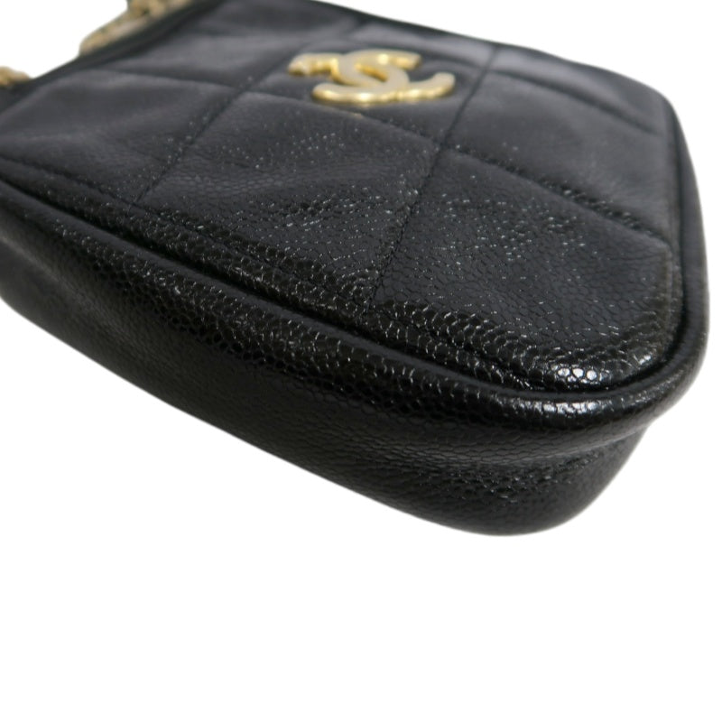 CHANEL Black Caviar Leather Checkerboard Quilted Chain Camera Shoulder Bag With Gold Hardware