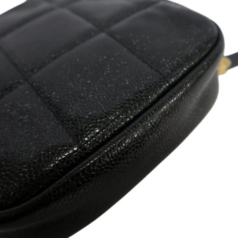 CHANEL Black Caviar Leather Checkerboard Quilted Chain Camera Shoulder Bag With Gold Hardware