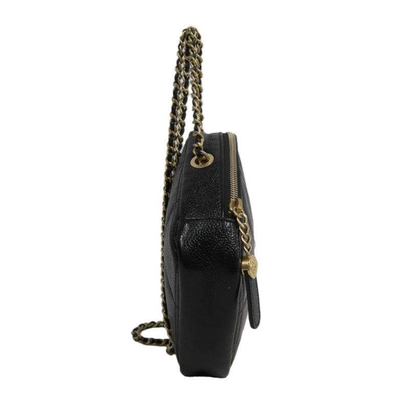CHANEL Black Caviar Leather Checkerboard Quilted Chain Camera Shoulder Bag With Gold Hardware