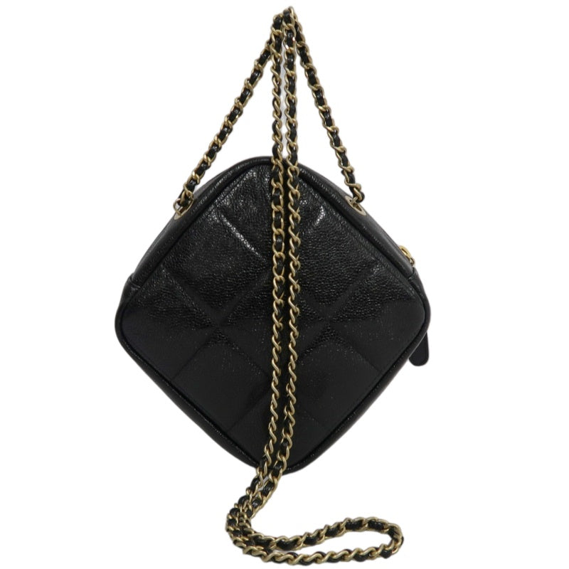CHANEL Black Caviar Leather Checkerboard Quilted Chain Camera Shoulder Bag With Gold Hardware