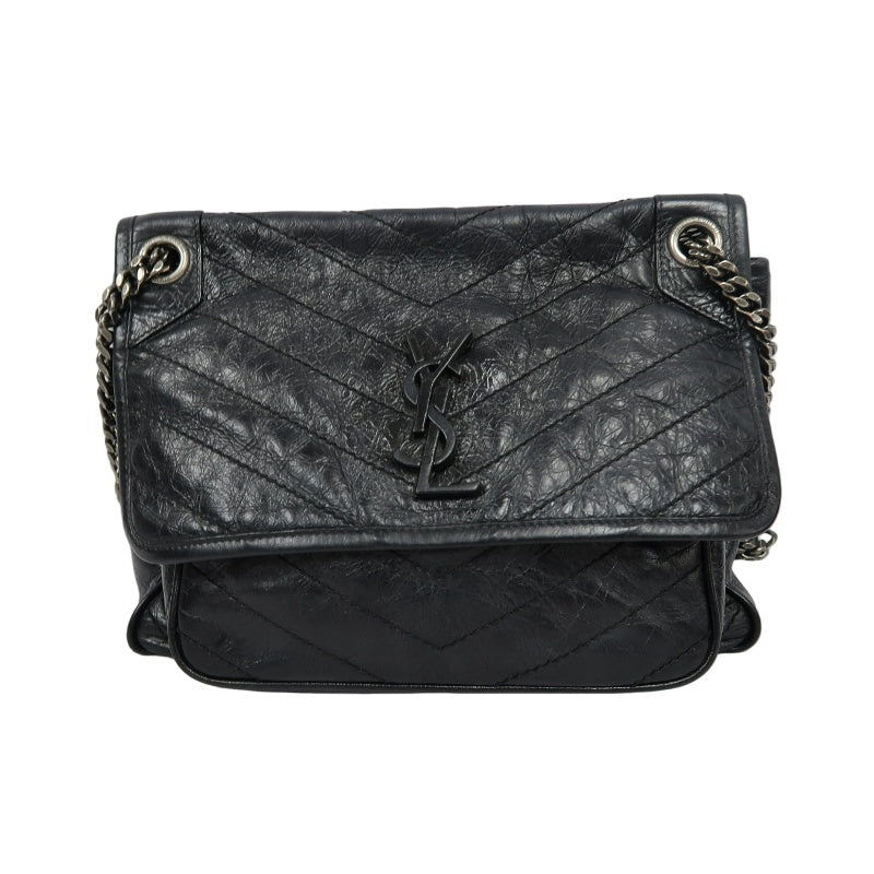 YVES SAINT LAURENT  Niki Leather Shoulder Bag Black Silver-Tone Hardware