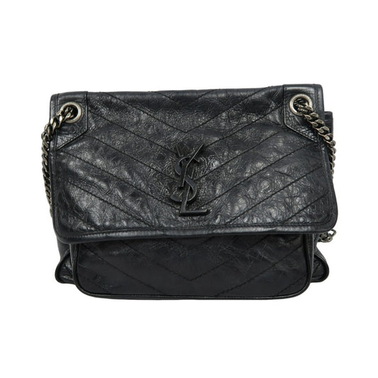 YVES SAINT LAURENT  Niki Leather Shoulder Bag Black Silver-Tone Hardware