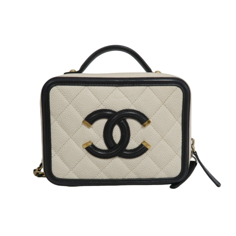 CHANEL CC Filigree Caviar Leather Handbag White/Black Gold-Tone Hardware with Shoulder Strap