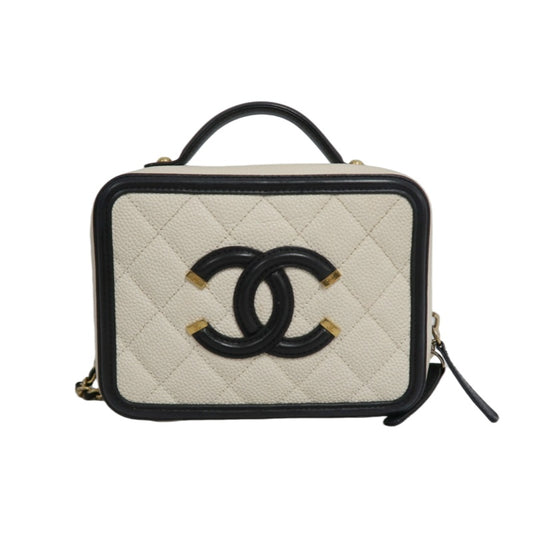 CHANEL CC Filigree Caviar Leather Handbag White/Black Gold-Tone Hardware with Shoulder Strap