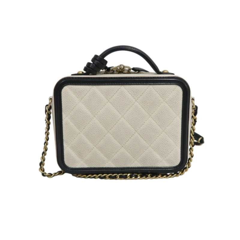 CHANEL CC Filigree Caviar Leather Handbag White/Black Gold-Tone Hardware with Shoulder Strap