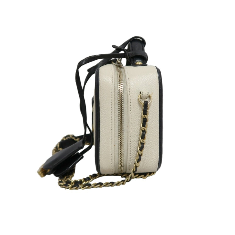 CHANEL CC Filigree Caviar Leather Handbag White/Black Gold-Tone Hardware with Shoulder Strap