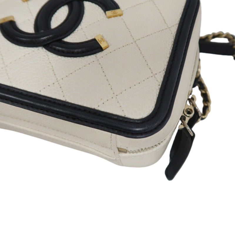 CHANEL CC Filigree Caviar Leather Handbag White/Black Gold-Tone Hardware with Shoulder Strap