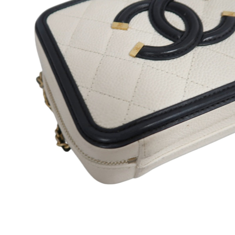 CHANEL CC Filigree Caviar Leather Handbag White/Black Gold-Tone Hardware with Shoulder Strap
