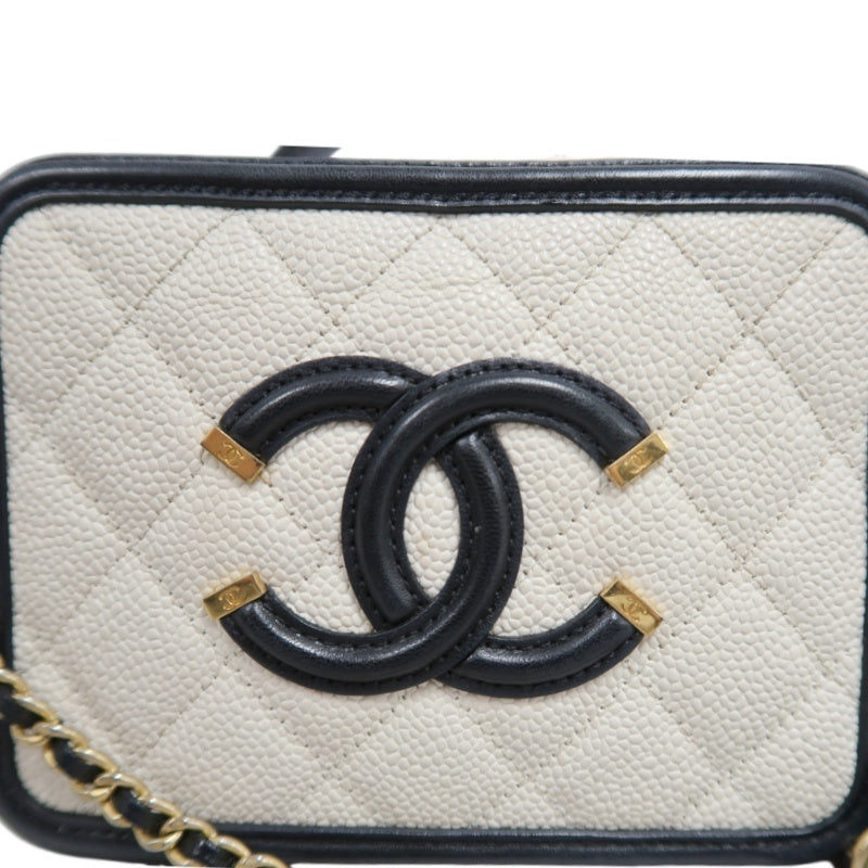 CHANEL CC Filigree Caviar Leather Handbag White/Black Gold-Tone Hardware with Shoulder Strap