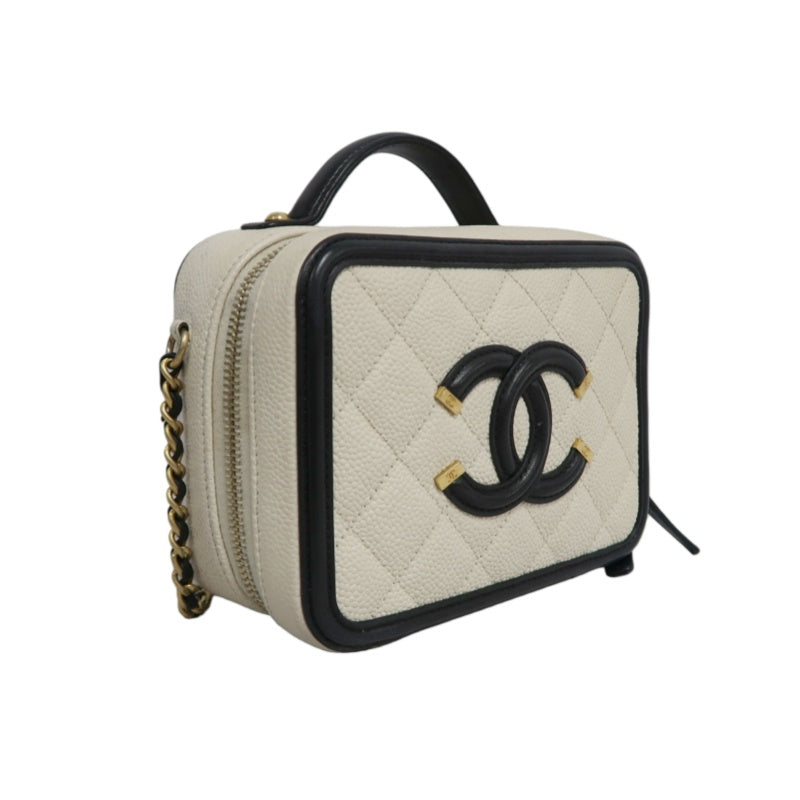 CHANEL CC Filigree Caviar Leather Handbag White/Black Gold-Tone Hardware with Shoulder Strap