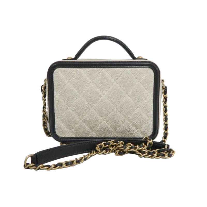 CHANEL CC Filigree Caviar Leather Handbag White/Black Gold-Tone Hardware with Shoulder Strap