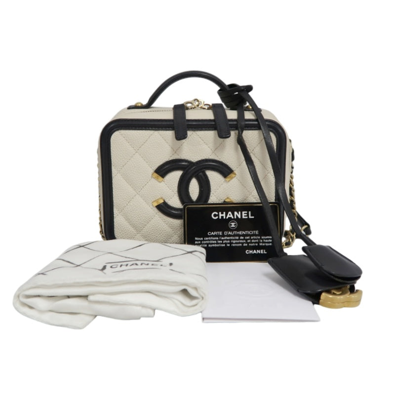 CHANEL CC Filigree Caviar Leather Handbag White/Black Gold-Tone Hardware with Shoulder Strap
